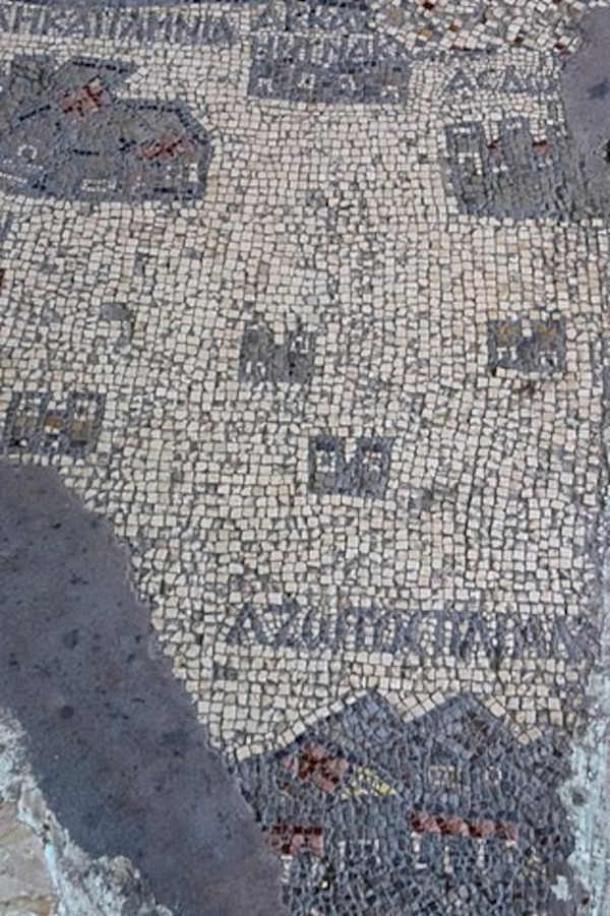 The Madaba Map, showing the two cities of ΑϹΔⲰ... / ASDŌ... / Asdod (Tel Ashdod) and ΑΖⲰΤΟϹΠΑΡΑΛ[ΙΟϹ] / AZŌTOSPARAL[IOS] / Azotus-by-the-Sea (Ashdod-Yam) (Dosseman/CC BY-SA 4.0)